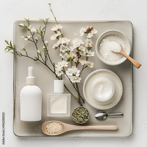 Beauty products and natural elements on a minimalistic tray
