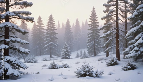 Winter Wonderland: Snow-covered pine trees stand tall in a misty forest, sunlight filtering through the branches, creating a serene and magical winter scene. 
