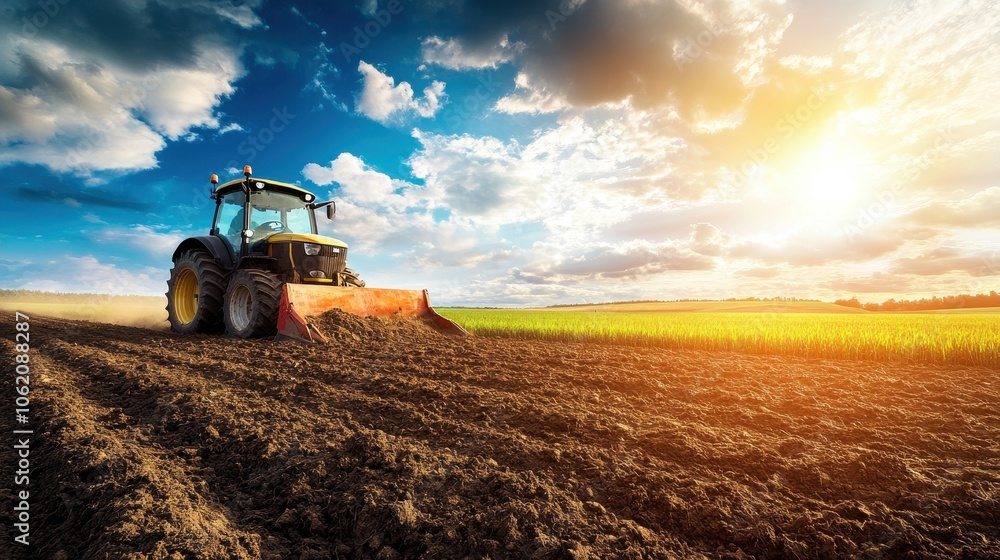 Naklejka premium Farmer Preparing Soil in Paddy Field with Tractor