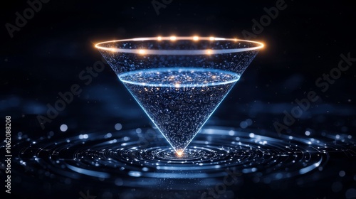A mesmerizing digital representation of a conical water structure, illuminated by glowing particles, creating a dynamic, swirling effect.