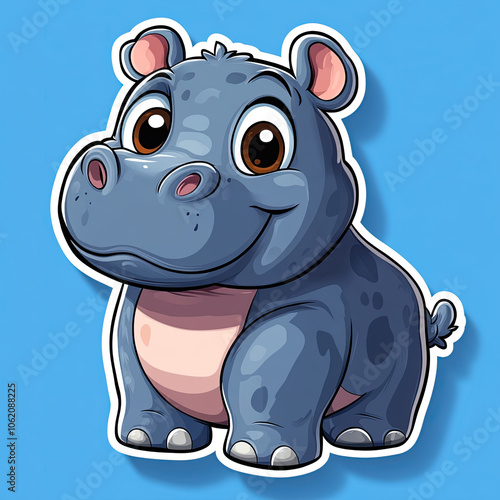 sticker, Adorable cartoon hippo with a big smile against a bright blue background, cheerful animal illustration photo