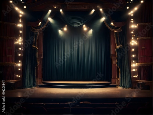 An empty theater stage with elegant red curtains and stairs