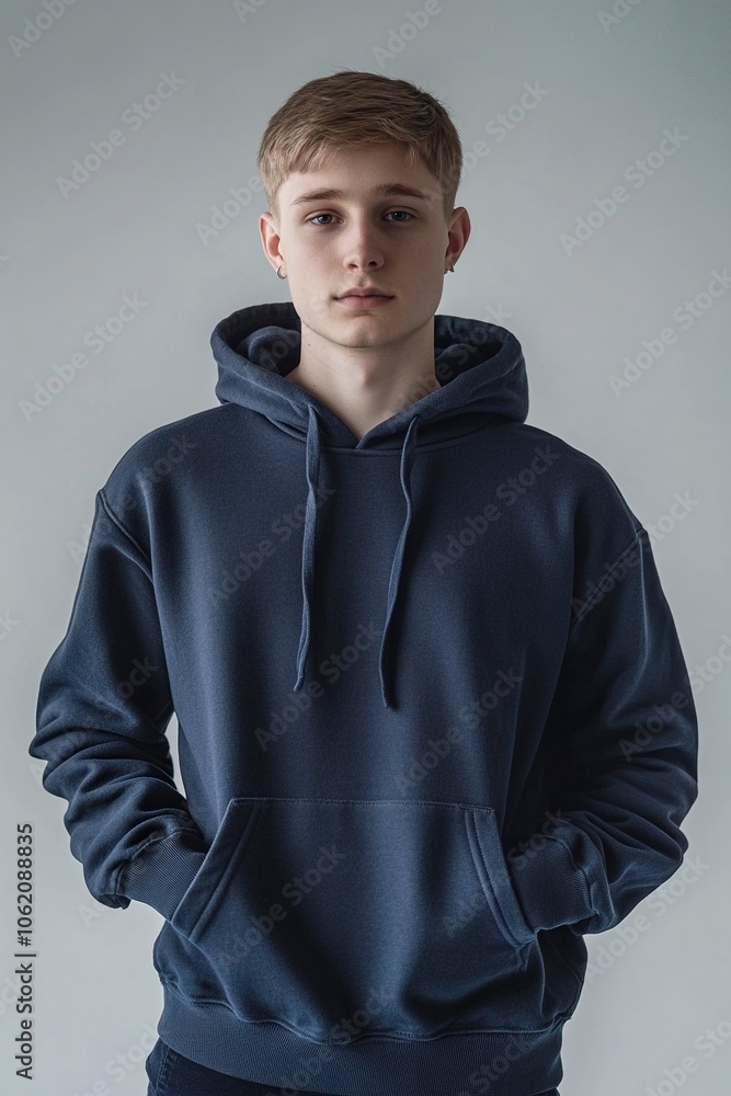 Fototapeta premium A 4K professional studio photo of a young man with short light brown hair, wearing a plain navy blue hoodie.The man is standing in a neutral pose ,generative ai