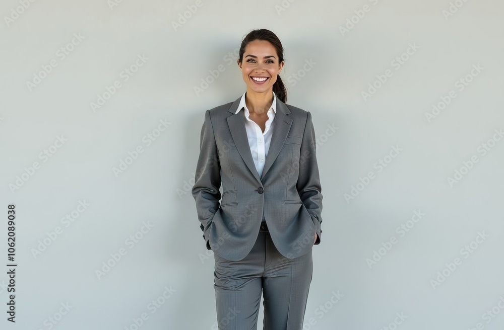 A professional woman in a stylish suit stands before a white wall A professional woman in a stylish suit stands before a white wall