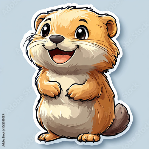 sticker, Adorable cartoon gopher character with big eyes and cheerful smile on a light blue background