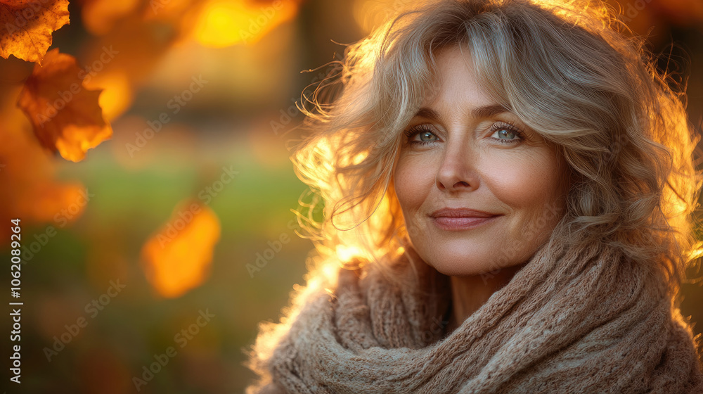 A woman wrapped in a cozy scarf smiles gently, illuminated by soft sunlight filtering through vibrant autumn foliage in a tranquil setting A woman wrapped in a cozy scarf smiles gently, illuminated by soft sunlight filtering through vibrant autumn foliage in a tranquil setting