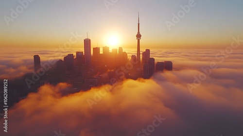 Dramatic sunrise over a misty skyline with the CN Tower in Toronto, Canada.