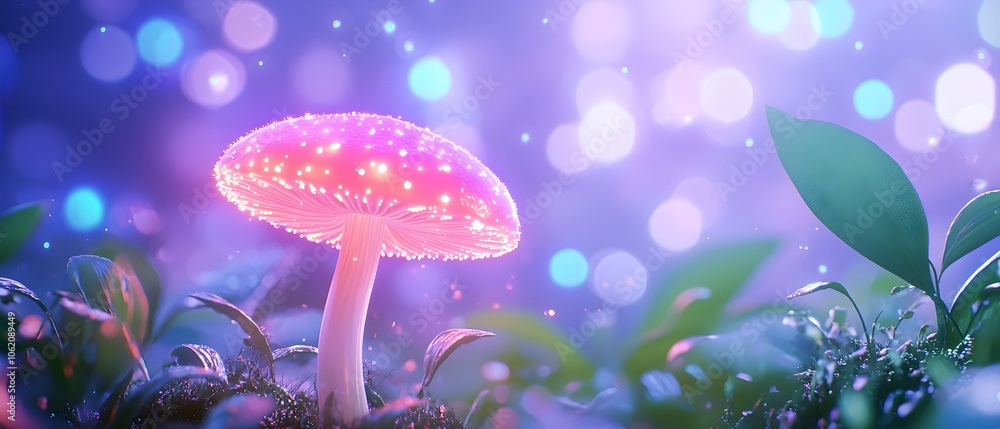 A pink mushroom is in the foreground of a blurry background A pink mushroom is in the foreground of a blurry background