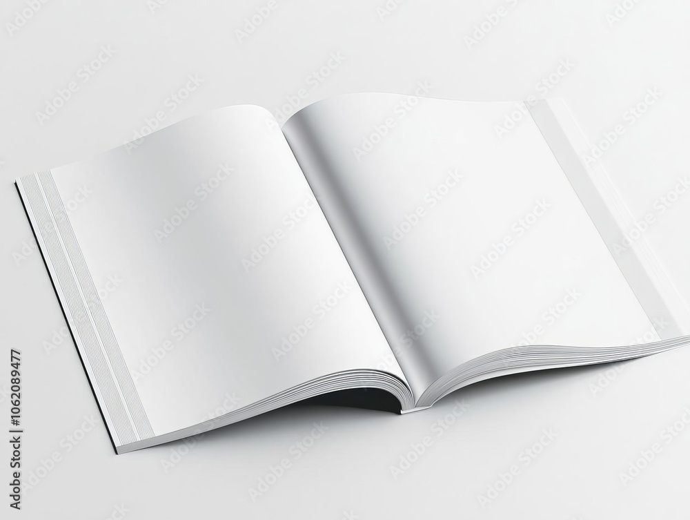 Open blank magazine mockup with soft shadows, isolated on a white background for clear presentation, blank magazine spread mockup Open blank magazine mockup with soft shadows, isolated on a white background for clear presentation, blank magazine spread mockup