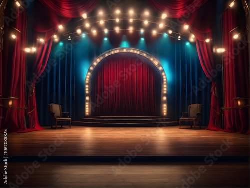 An empty theater stage with elegant red curtains and stairs