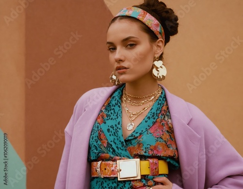 Close-Up of Vibrant Y2K Fashion Model in Bold. High-Fashion Y2K Model.