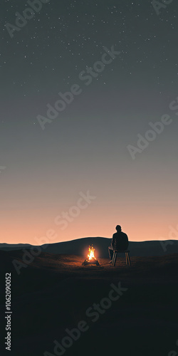 a lone man is camping and set up the bonfire in the desert during sunset time 