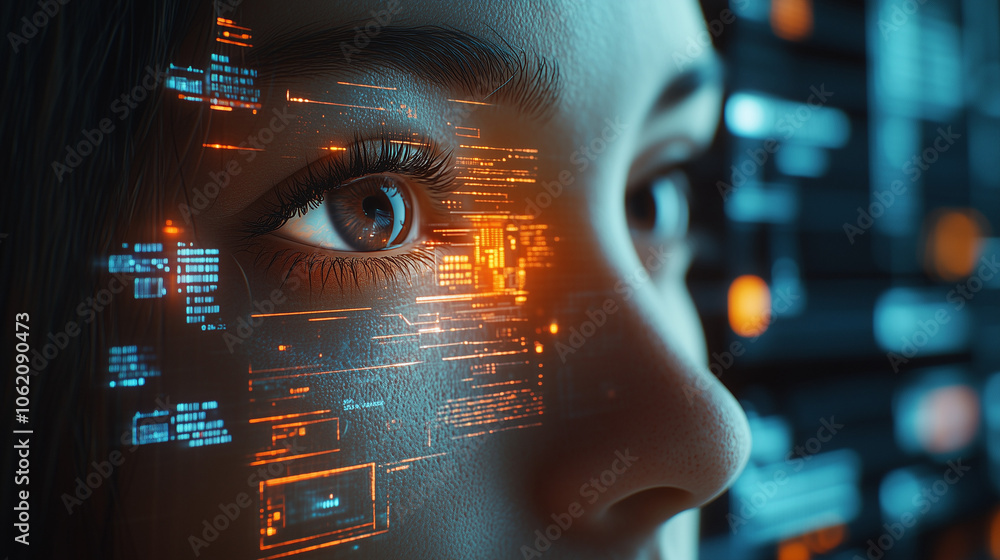 Cybernetic Vision: Close-up of a woman's eye with futuristic digital data overlay, showcasing technological advancement and artificial intelligence. A mesmerizing blend of human and machine.