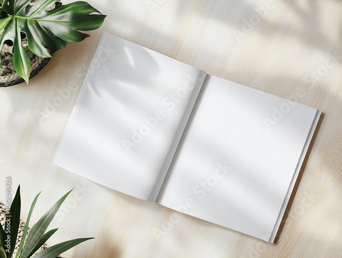 Open magazine mockup with crisp blank pages, placed in warm natural light, adding a soft ambiance, natural light magazine mockup photo