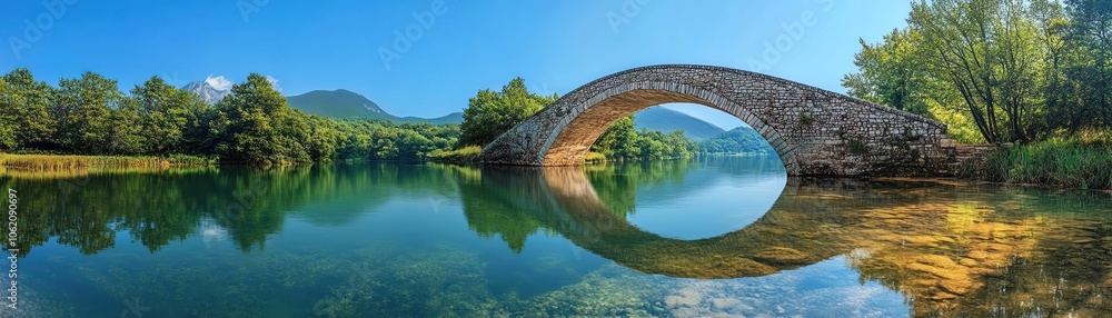 Ancient stone bridge over calm river, blue sky, perfect reflections Ancient stone bridge over calm river, blue sky, perfect reflections