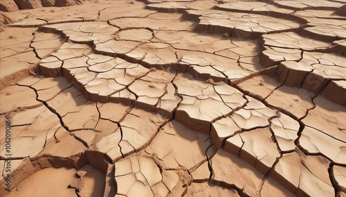 Cracked Earth Texture: A high-angle, close-up shot reveals a detailed texture of cracked earth, the parched land forming a complex pattern of fissures and crevices. photo