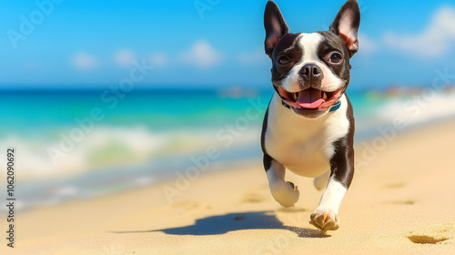 A Fun-Filled Day at the Beach: An Energetic Boston Terrier Running with Joy by the Waves