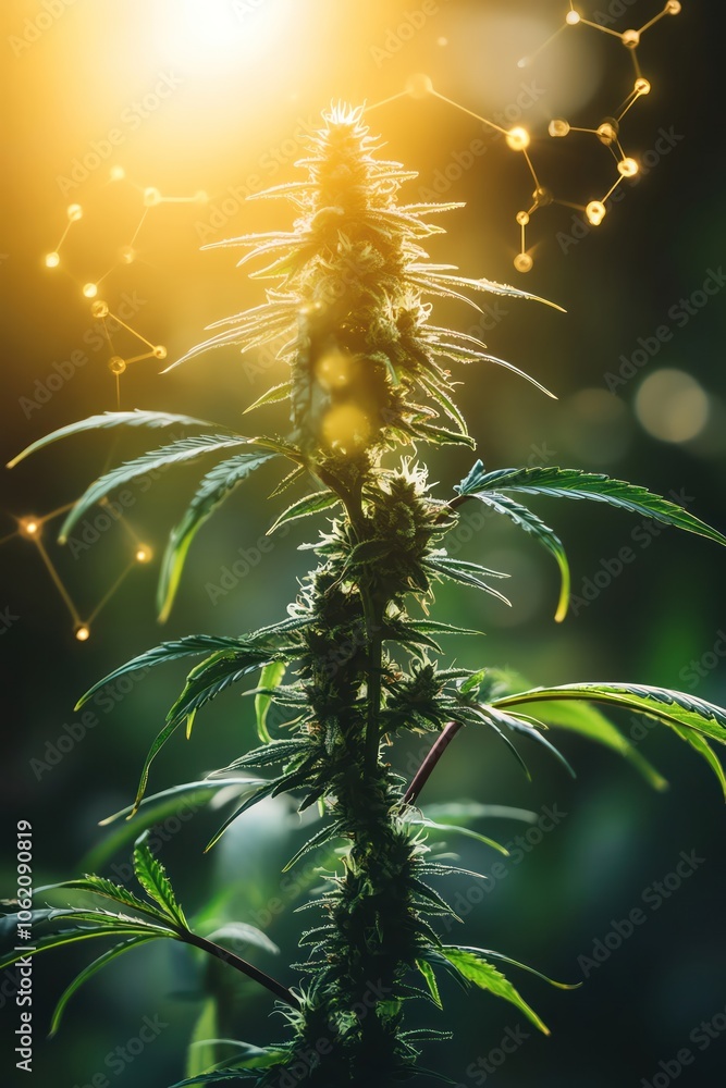 Obraz premium Cannabis plant with molecular structures overlay, scientific representation, sunlight background