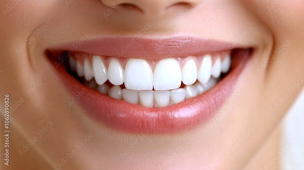 Close-up of a smiling woman showcasing her bright white teeth. Close-up of a smiling woman showcasing her bright white teeth.