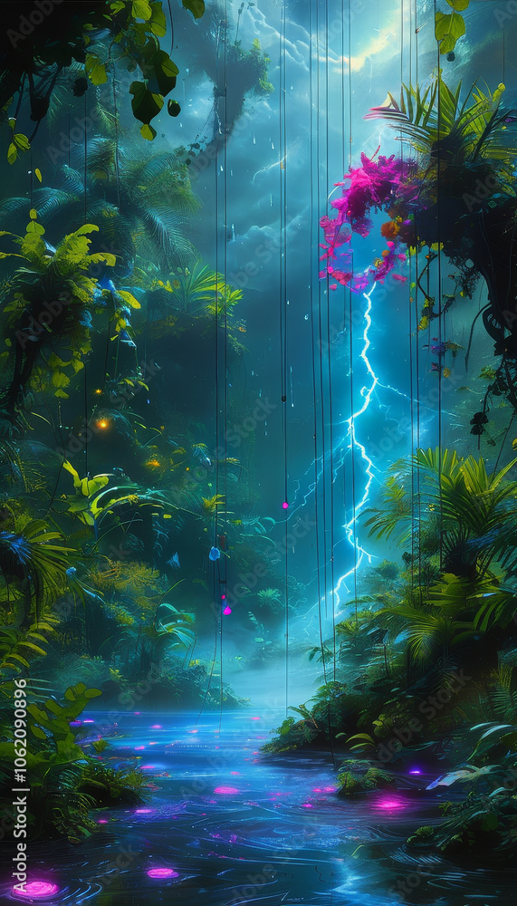 Fototapeta premium Galactic Jungle Oasis Product Weed Display Podium: black carbon fibre podium, lush alien jungle, cannabis plants, neon hues of blue and purple, stormy sky, electric-blue lightning, psychedelic