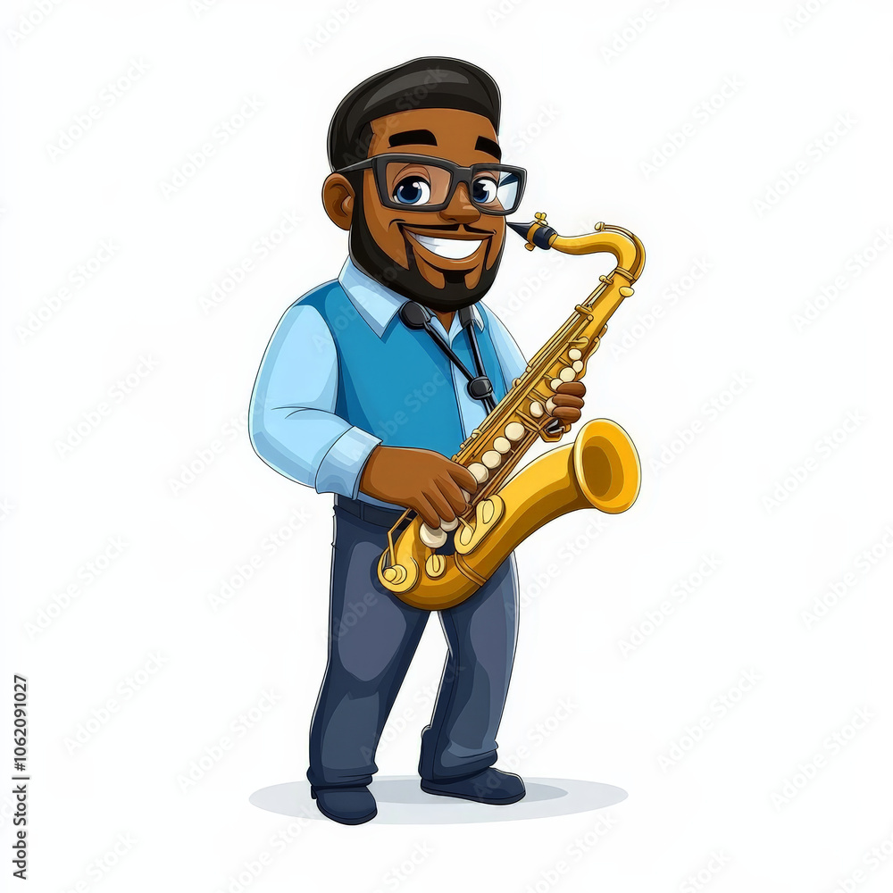 Naklejka premium Cheerful Cartoon Saxophonist Playing Music