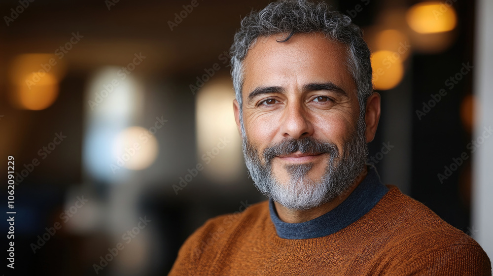 A man with gray hair and a beard smiles warmly while wearing a brown sweater in a cozy indoor environment during the evening A man with gray hair and a beard smiles warmly while wearing a brown sweater in a cozy indoor environment during the evening