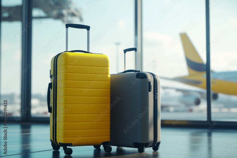 Travel essentials: Two suitcases ready for departure at the airport terminal Travel essentials: Two suitcases ready for departure at the airport terminal