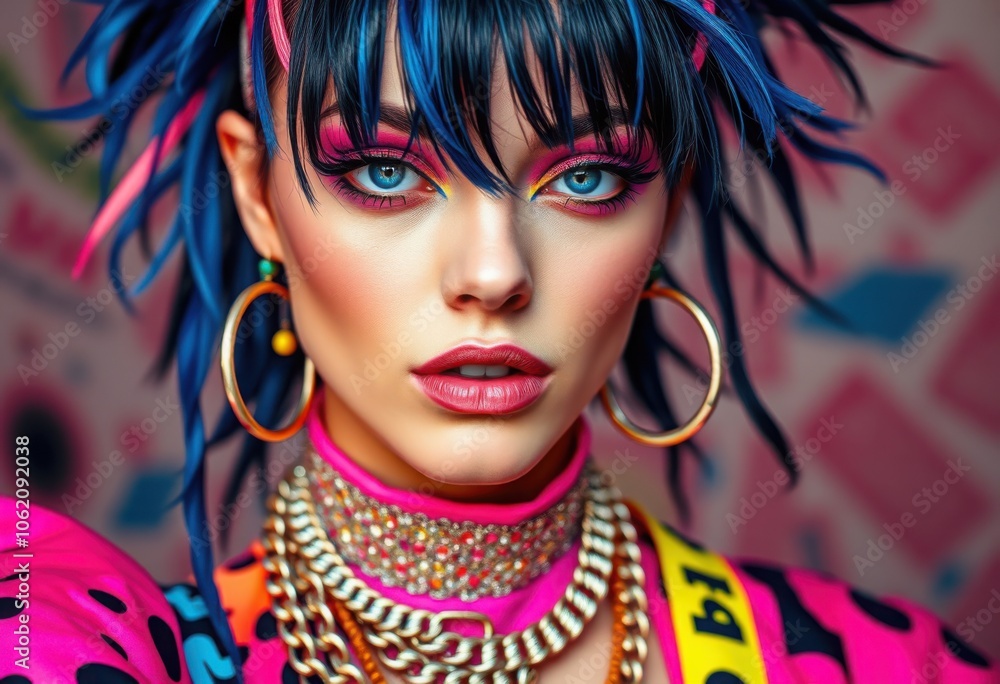 Close-Up of Vibrant Y2K Fashion Model in Bold. High-Fashion Y2K Model.