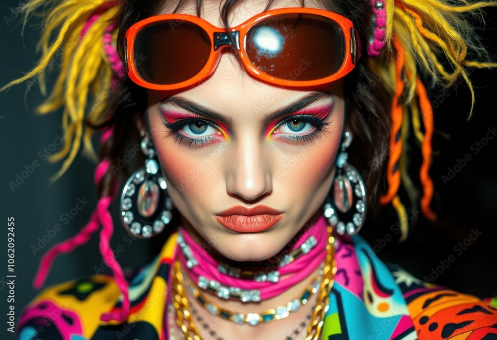 Close-Up of Vibrant Y2K Fashion Model in Bold. High-Fashion Y2K Model. Close-Up of Vibrant Y2K Fashion Model in Bold. High-Fashion Y2K Model.