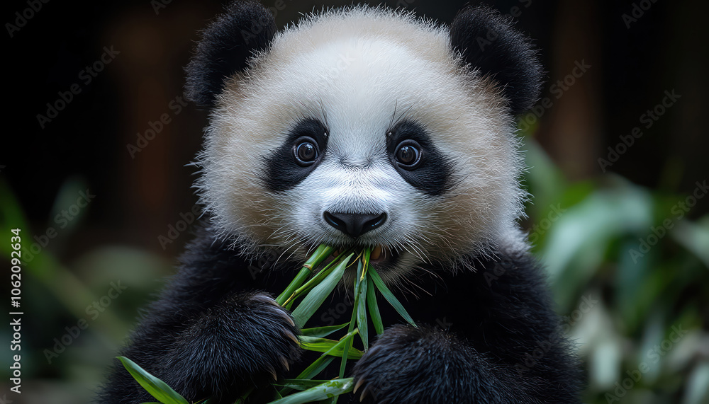 Fototapeta premium Panda munching on bamboo, wideeyed and adorable closeup