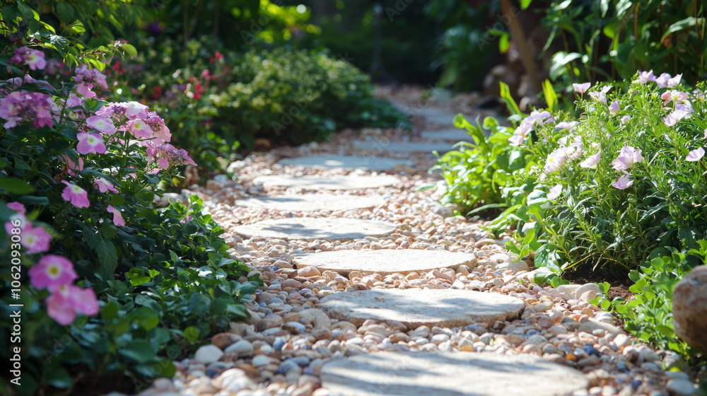 Tranquil garden pathway lined with blooming flowers in sunlight Tranquil garden pathway lined with blooming flowers in sunlight