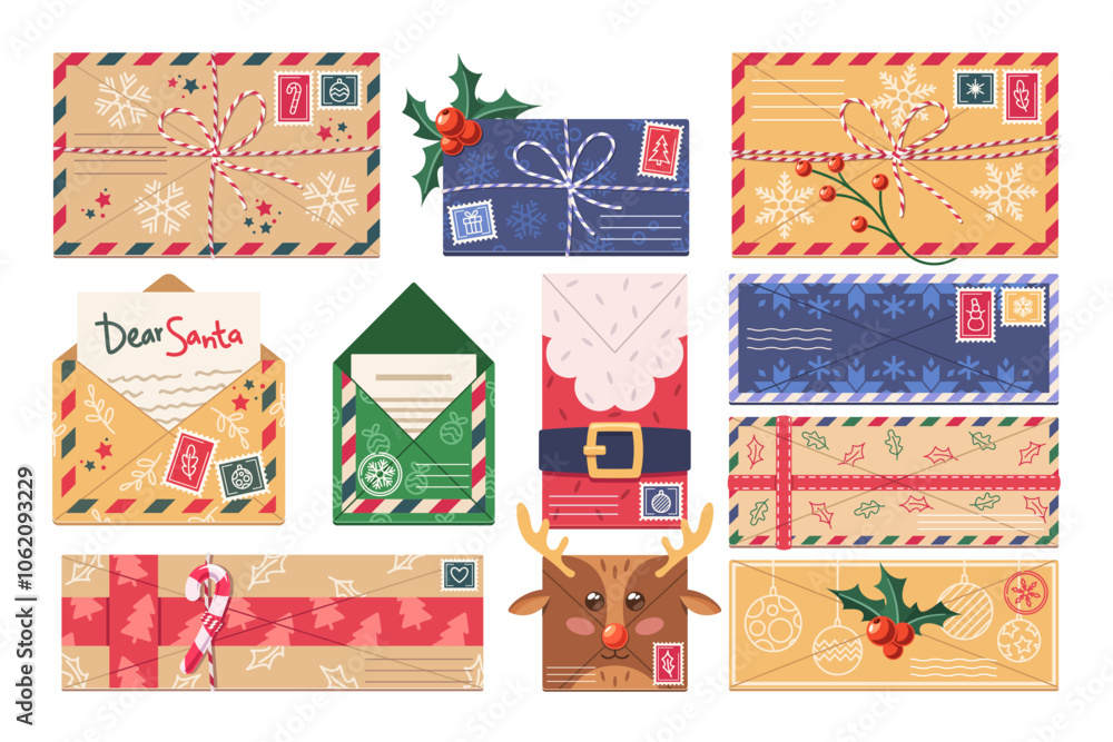 Naklejka premium Christmas Envelopes Display Various Festive Designs Including Snowflakes, Reindeer, And Holiday Decorations