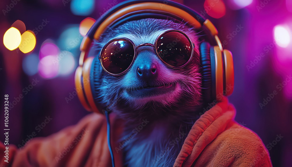 Naklejka premium Sloth smiling while wearing headphones, enjoying music, purple backdrop