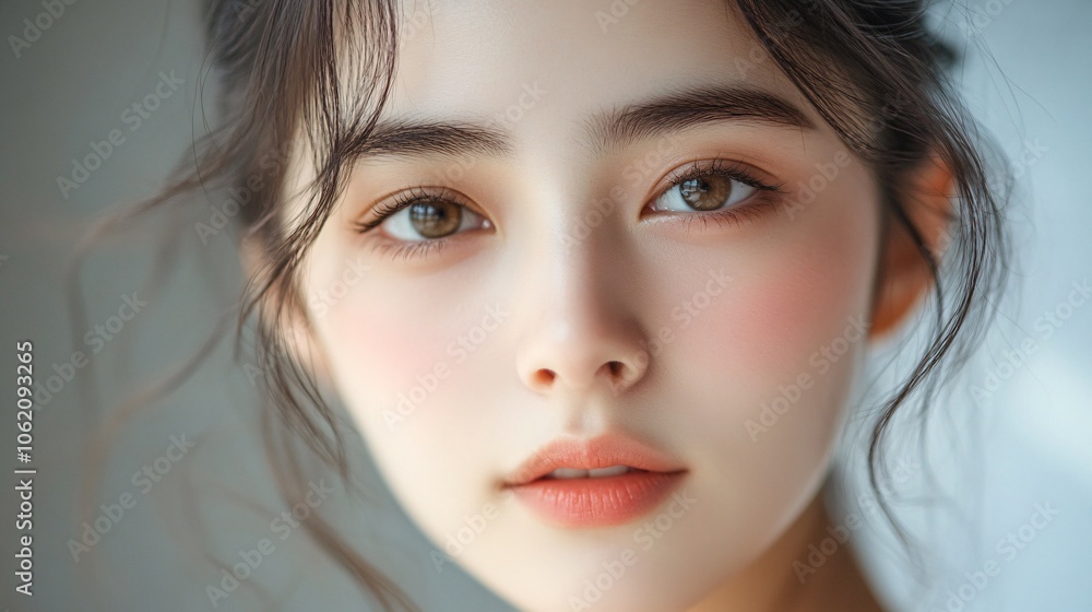 A portrait of a young woman with soft features, natural makeup, and expressive eyes, conveying a serene and captivating appearance. A portrait of a young woman with soft features, natural makeup, and expressive eyes, conveying a serene and captivating appearance.