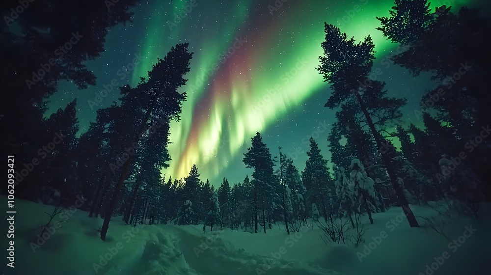 Obraz premium Northern Lights Over Snowy Lapland Forest