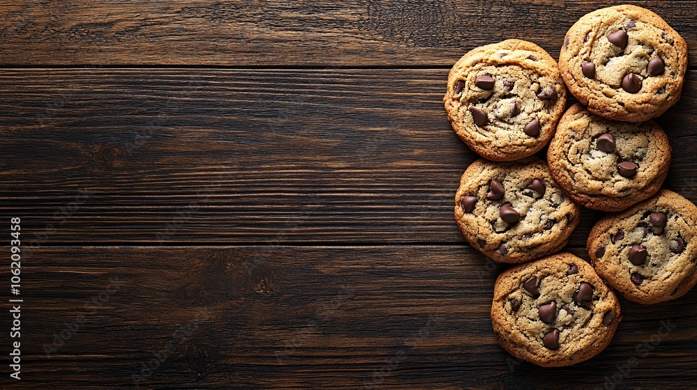 A close-up of freshly baked chocolate chip cookies arranged on a rustic wooden surface, showcasing their golden-brown texture and delicious appearance. A close-up of freshly baked chocolate chip cookies arranged on a rustic wooden surface, showcasing their golden-brown texture and delicious appearance.