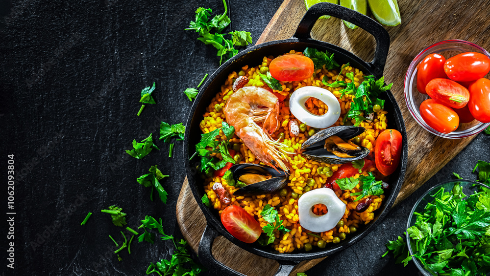 Seafood paella served in a cast iron pan Seafood paella served in a cast iron pan