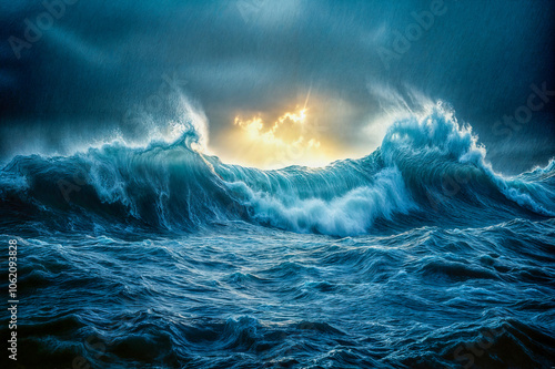 Vague sur la mer avec un coucher de soleil