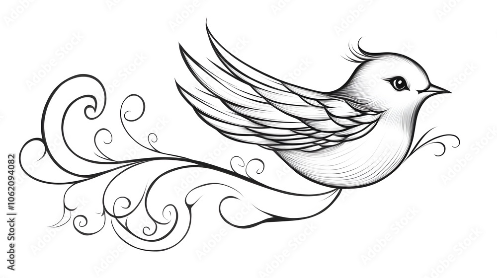 Fototapeta premium Elegant black and white illustration of a flying bird with flowing swirls.