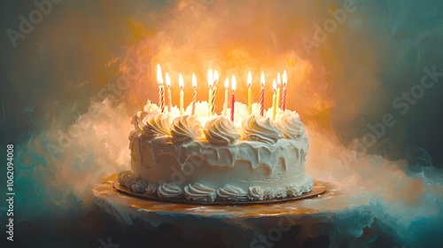 A beautifully lit birthday cake adorned with candles, surrounded by a dreamy, atmospheric background.