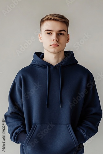 A 4K professional studio photo of a young man with short light brown hair, wearing a plain navy blue hoodie.The man is standing in a neutral pose ,generative ai