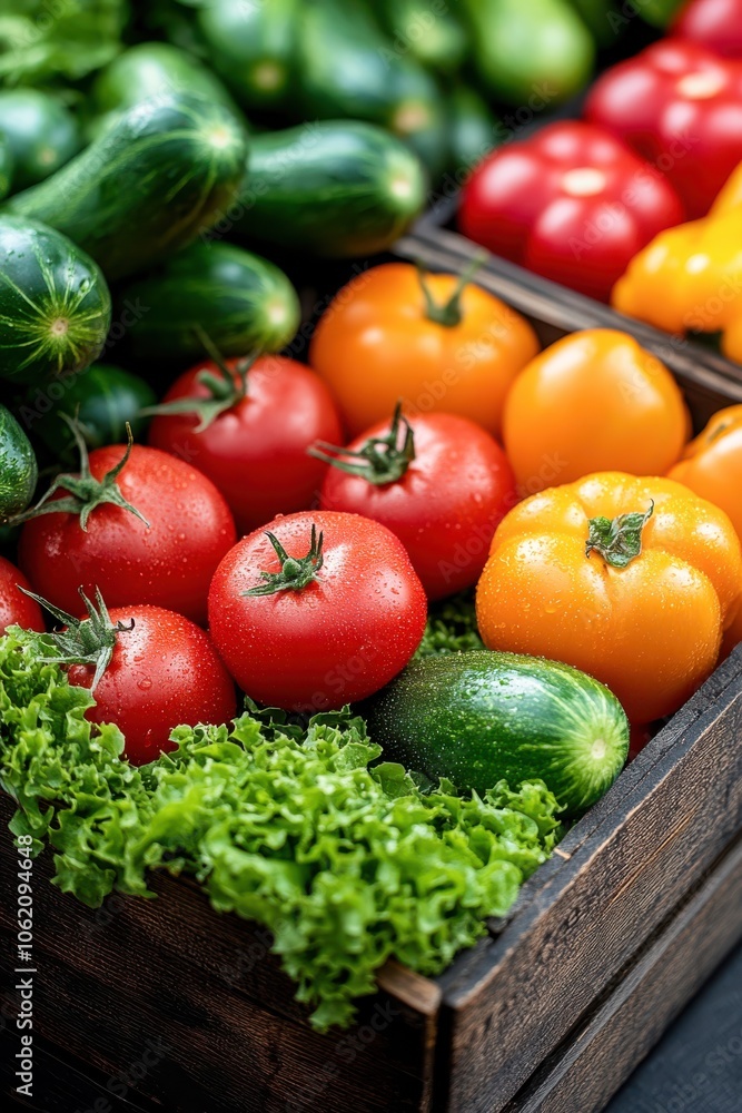 Vibrant Fresh Produce Display with Tomatoes and Assorted Fruits and Vegetables in a Market Setting Vibrant Fresh Produce Display with Tomatoes and Assorted Fruits and Vegetables in a Market Setting