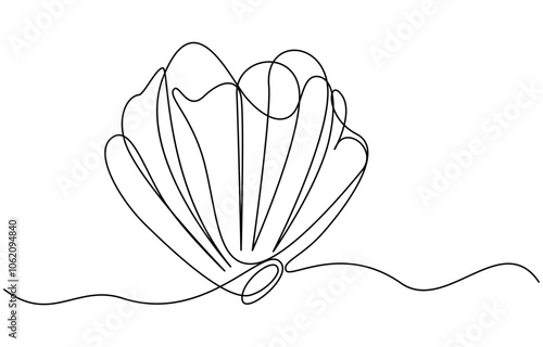 Continuous one line drawing of open oyster shell with pearl. Seashell symbol and banner of beauty spa and wellness salon in simple linear style, Continuous unilinear pattern of shells. Scalloped pearl
