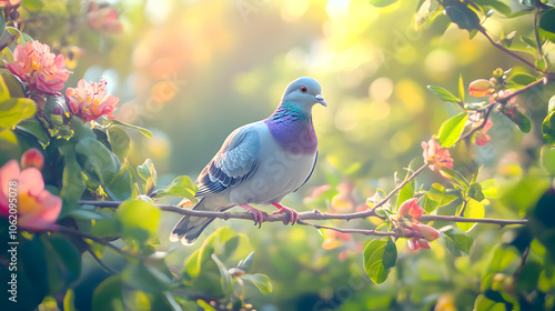 A Captivating View of a Tippler Pigeon Perched Gracefully Amidst Vibrant Flora in the Early Morning Light photo