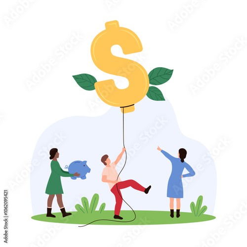 Inflation problem, financial crisis, money savings and investments loss. Tiny people pull big air balloon down, investors hold bubble with dollar sign and piggy bank cartoon vector illustration