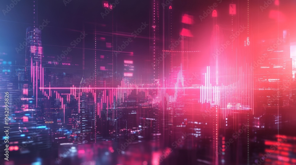 Fototapeta premium A Nighttime Cityscape with Neon Lights and Digital Overlays