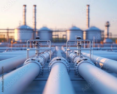 A close-up view of industrial pipelines with gas storage tanks in the background, symbolizing energy production and infrastructure. photo