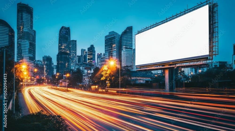 Sunset long exposure blank white horizontal billboard mockup outside Sunset long exposure blank white horizontal billboard mockup outside