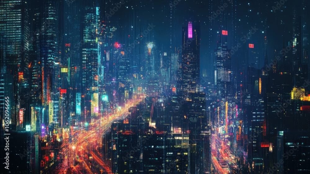 Modern cityscape at night with wireless network signals, illustrating urban connectivity Modern cityscape at night with wireless network signals, illustrating urban connectivity