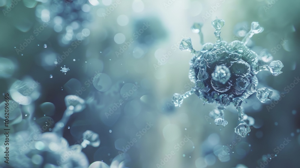 A 3D illustration of a virus in a blue and white background. The virus is a close up of the cell with a blue tint. A 3D illustration of a virus in a blue and white background. The virus is a close up of the cell with a blue tint.